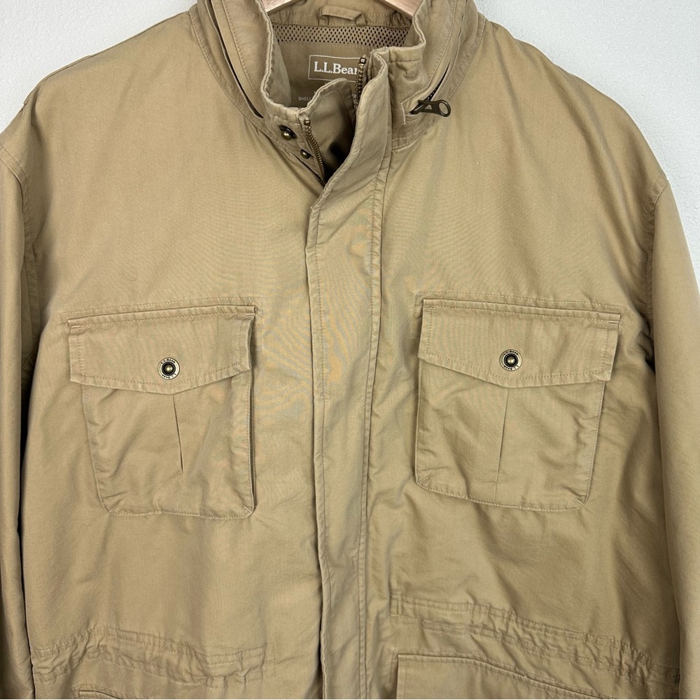 LL Bean Mens Khaki Utility Field Jacket Stowaway Hood 299789 Tan Large Regular - Picture 2 of 9